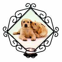 Yellow Labrador Dogs Wrought Iron Wall Art Candle Holder