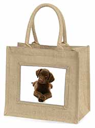 Chocolate Labrador Puppy Dog Natural/Beige Jute Large Shopping Bag