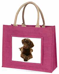 Chocolate Labrador Puppy Dog Large Pink Jute Shopping Bag