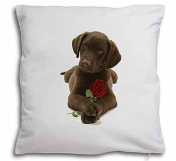 Chocolate Labrador Pup with Rose Soft White Velvet Feel Scatter Cushion
