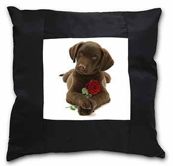 Chocolate Labrador Pup with Rose Black Satin Feel Scatter Cushion