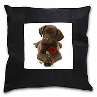 Chocolate Labrador Pup with Rose Black Satin Feel Scatter Cushion