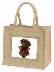 Chocolate Labrador Pup with Rose Natural/Beige Jute Large Shopping Bag