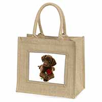 Chocolate Labrador Pup with Rose Natural/Beige Jute Large Shopping Bag