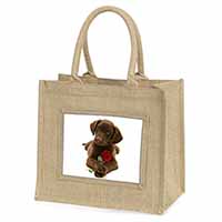 Chocolate Labrador Pup with Rose Natural/Beige Jute Large Shopping Bag