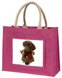 Chocolate Labrador Pup with Rose Large Pink Jute Shopping Bag