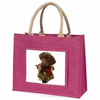 Chocolate Labrador Pup with Rose Large Pink Jute Shopping Bag