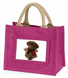 Chocolate Labrador Pup with Rose Little Girls Small Pink Jute Shopping Bag