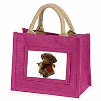 Chocolate Labrador Pup with Rose Little Girls Small Pink Jute Shopping Bag