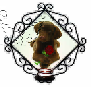 Chocolate Labrador Pup with Rose Wrought Iron Wall Art Candle Holder