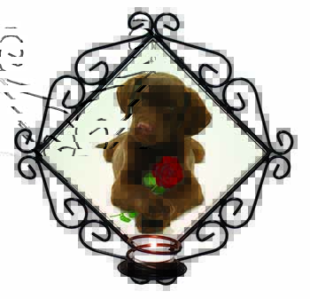 Chocolate Labrador Pup with Rose Wrought Iron Wall Art Candle Holder