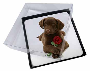 4x Chocolate Labrador Pup with Rose Picture Table Coasters Set in Gift Box