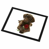 Chocolate Labrador Pup with Rose Black Rim High Quality Glass Placemat