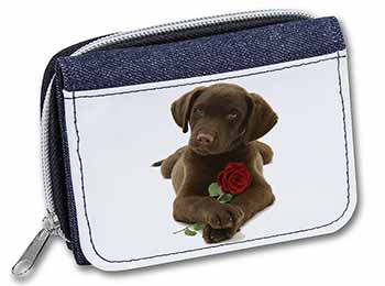 Chocolate Labrador Pup with Rose Unisex Denim Purse Wallet