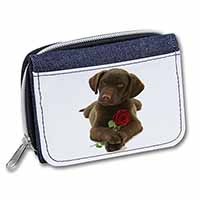 Chocolate Labrador Pup with Rose Unisex Denim Purse Wallet