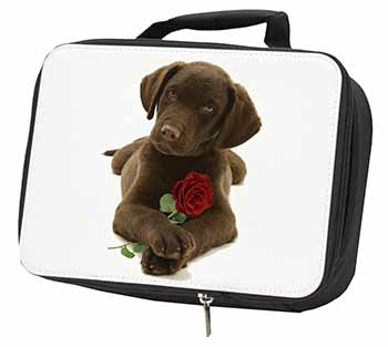 Chocolate Labrador Pup with Rose Black Insulated School Lunch Box/Picnic Bag