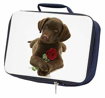 Chocolate Labrador Pup with Rose Navy Insulated School Lunch Box/Picnic Bag