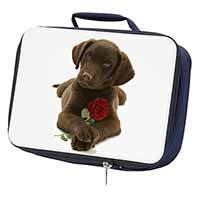 Chocolate Labrador Pup with Rose Navy Insulated School Lunch Box/Picnic Bag
