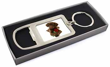 Chocolate Labrador Pup with Rose Chrome Metal Bottle Opener Keyring in Box