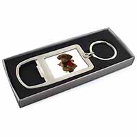 Chocolate Labrador Pup with Rose Chrome Metal Bottle Opener Keyring in Box