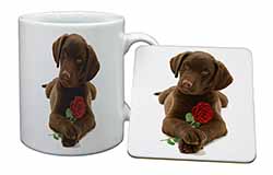 Chocolate Labrador Pup with Rose Mug and Coaster Set