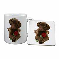 Chocolate Labrador Pup with Rose Mug and Coaster Set