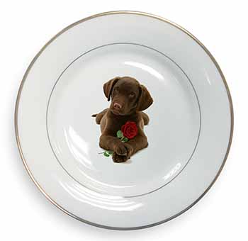 Chocolate Labrador Pup with Rose Gold Rim Plate Printed Full Colour in Gift Box