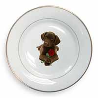 Chocolate Labrador Pup with Rose Gold Rim Plate Printed Full Colour in Gift Box