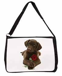 Chocolate Labrador Pup with Rose Large Black Laptop Shoulder Bag School/College
