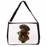 Chocolate Labrador Pup with Rose Large Black Laptop Shoulder Bag School/College