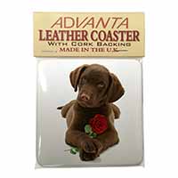 Chocolate Labrador Pup with Rose Single Leather Photo Coaster