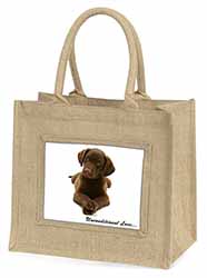 Chocolate Labrador Puppy Natural/Beige Jute Large Shopping Bag