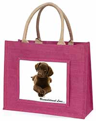 Chocolate Labrador Puppy Large Pink Jute Shopping Bag