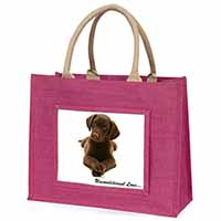 Chocolate Labrador Puppy Large Pink Jute Shopping Bag