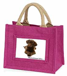 Chocolate Labrador Puppy Little Girls Small Pink Jute Shopping Bag