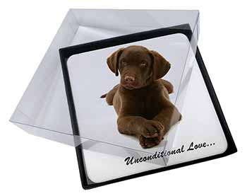 4x Chocolate Labrador Puppy Picture Table Coasters Set in Gift Box