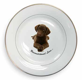 Chocolate Labrador Puppy Gold Rim Plate Printed Full Colour in Gift Box