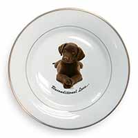 Chocolate Labrador Puppy Gold Rim Plate Printed Full Colour in Gift Box