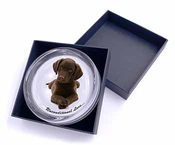 Chocolate Labrador Puppy Glass Paperweight in Gift Box