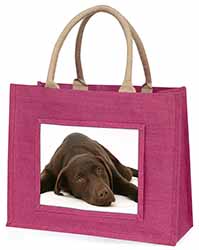 Chocolate Labrador Dog Large Pink Jute Shopping Bag