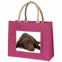 Chocolate Labrador Dog Large Pink Jute Shopping Bag