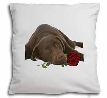 Chocolate Labrador with Red Rose Soft White Velvet Feel Scatter Cushion