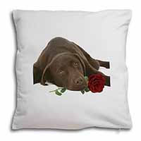 Chocolate Labrador with Red Rose Soft White Velvet Feel Scatter Cushion