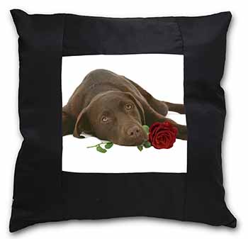 Chocolate Labrador with Red Rose Black Satin Feel Scatter Cushion