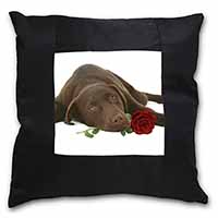 Chocolate Labrador with Red Rose Black Satin Feel Scatter Cushion