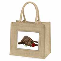 Chocolate Labrador with Red Rose Natural/Beige Jute Large Shopping Bag
