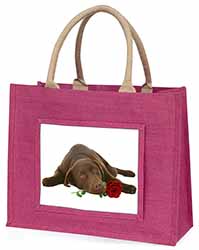 Chocolate Labrador with Red Rose Large Pink Jute Shopping Bag