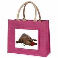 Chocolate Labrador with Red Rose Large Pink Jute Shopping Bag