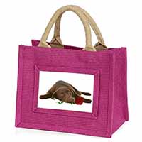 Chocolate Labrador with Red Rose Little Girls Small Pink Jute Shopping Bag