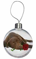 Chocolate Labrador with Red Rose Christmas Bauble